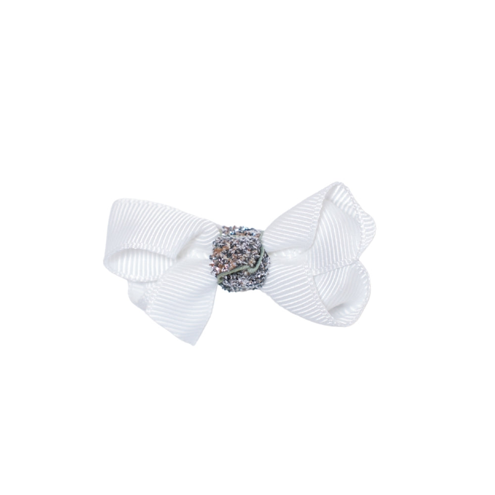 Sløjfe 6cm  Hvid#sølv glitter01