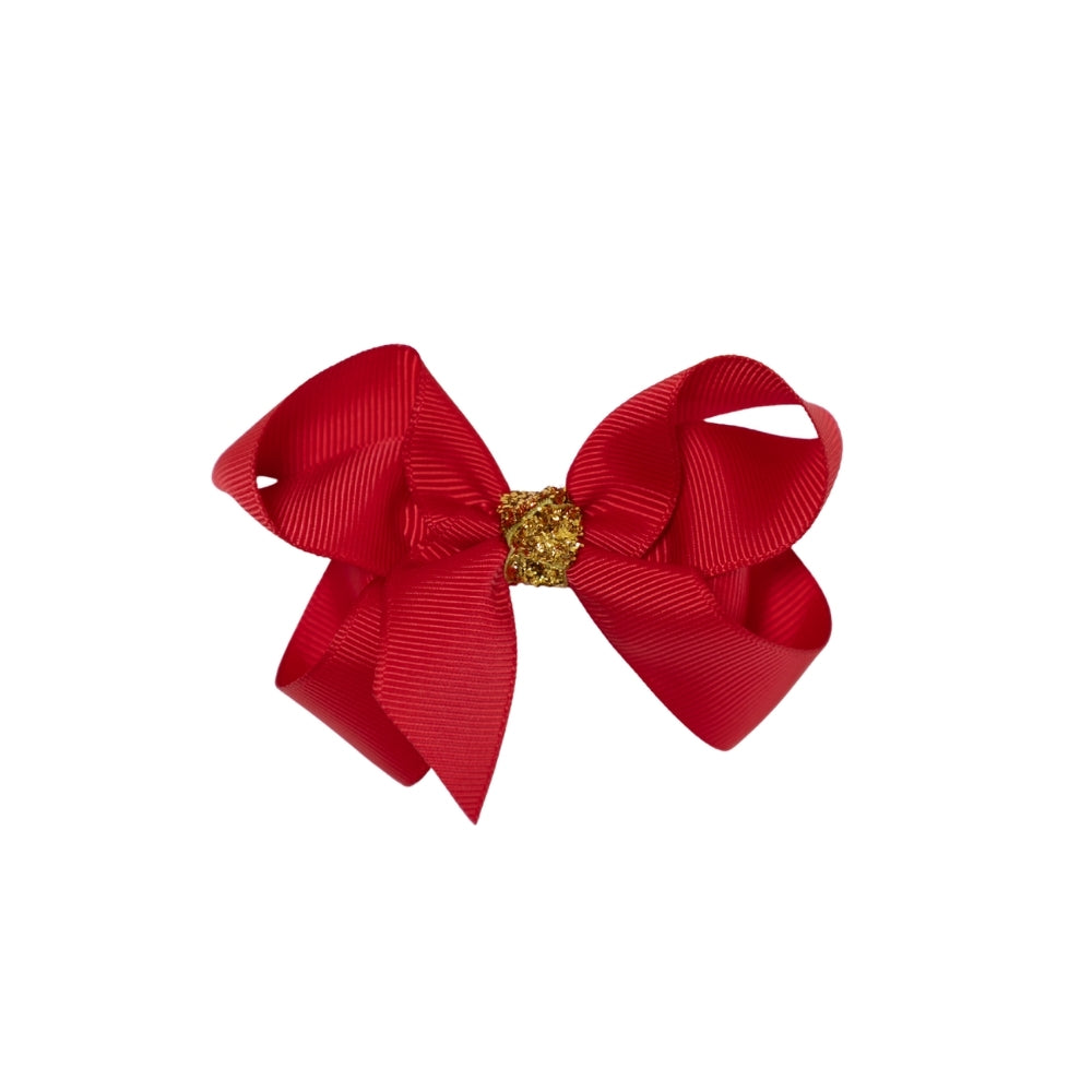 Sløjfe 8cm  Rød#guld glitter01